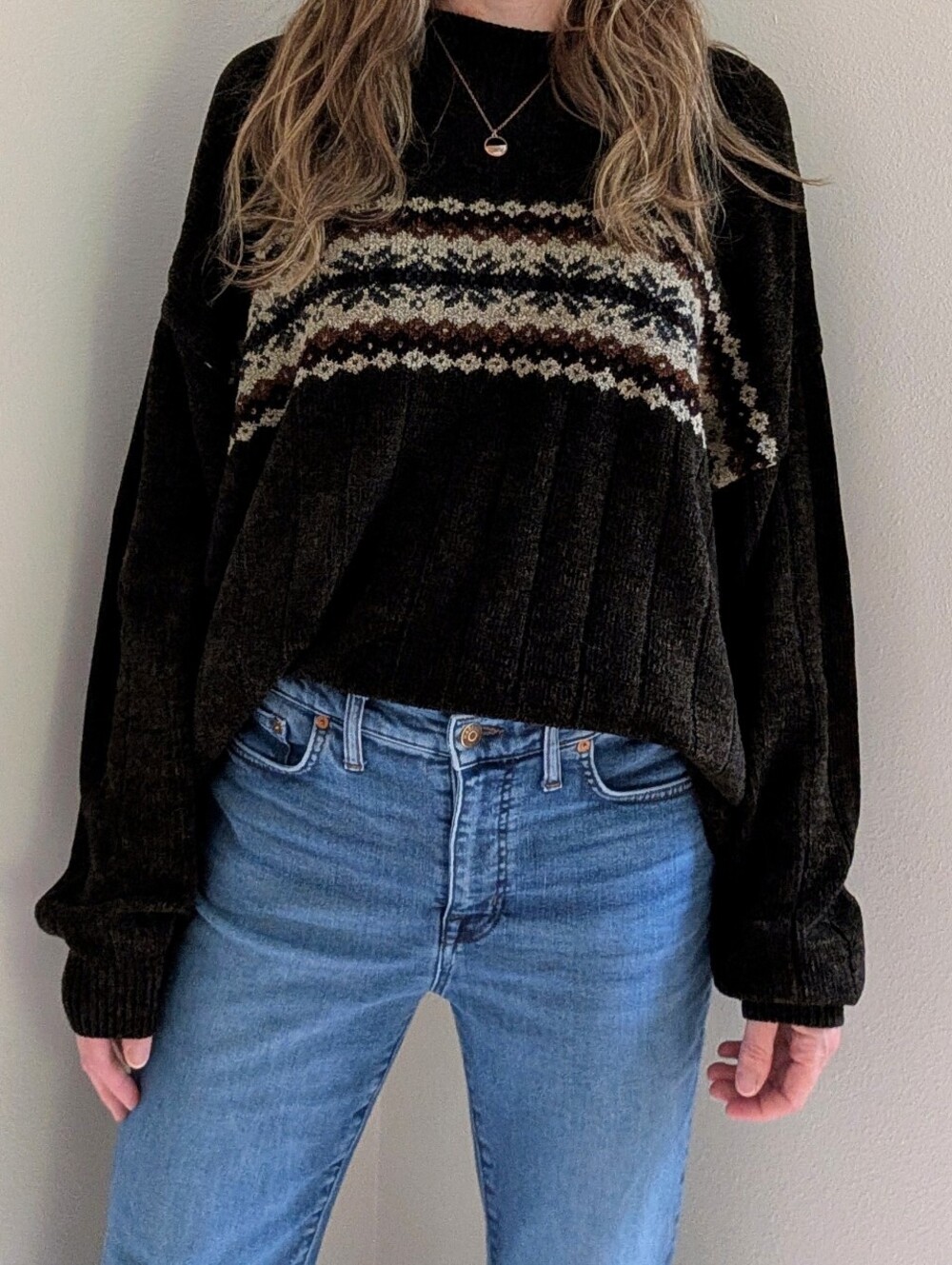 Vintage Abstract Geometric Fair Isle Crewneck Sweater In Chocolate Brown